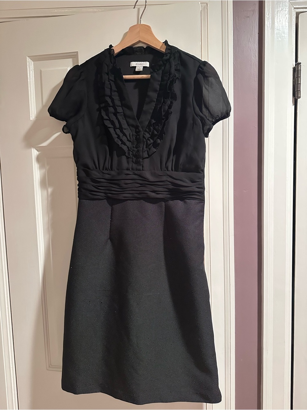 dressbarn Black V-Neck Ruffle-Trim Dress